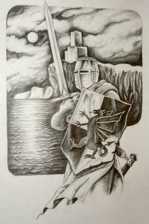 Rytíř (kopie kresby Jany Komárkové, známá kniha Zaklínač)
